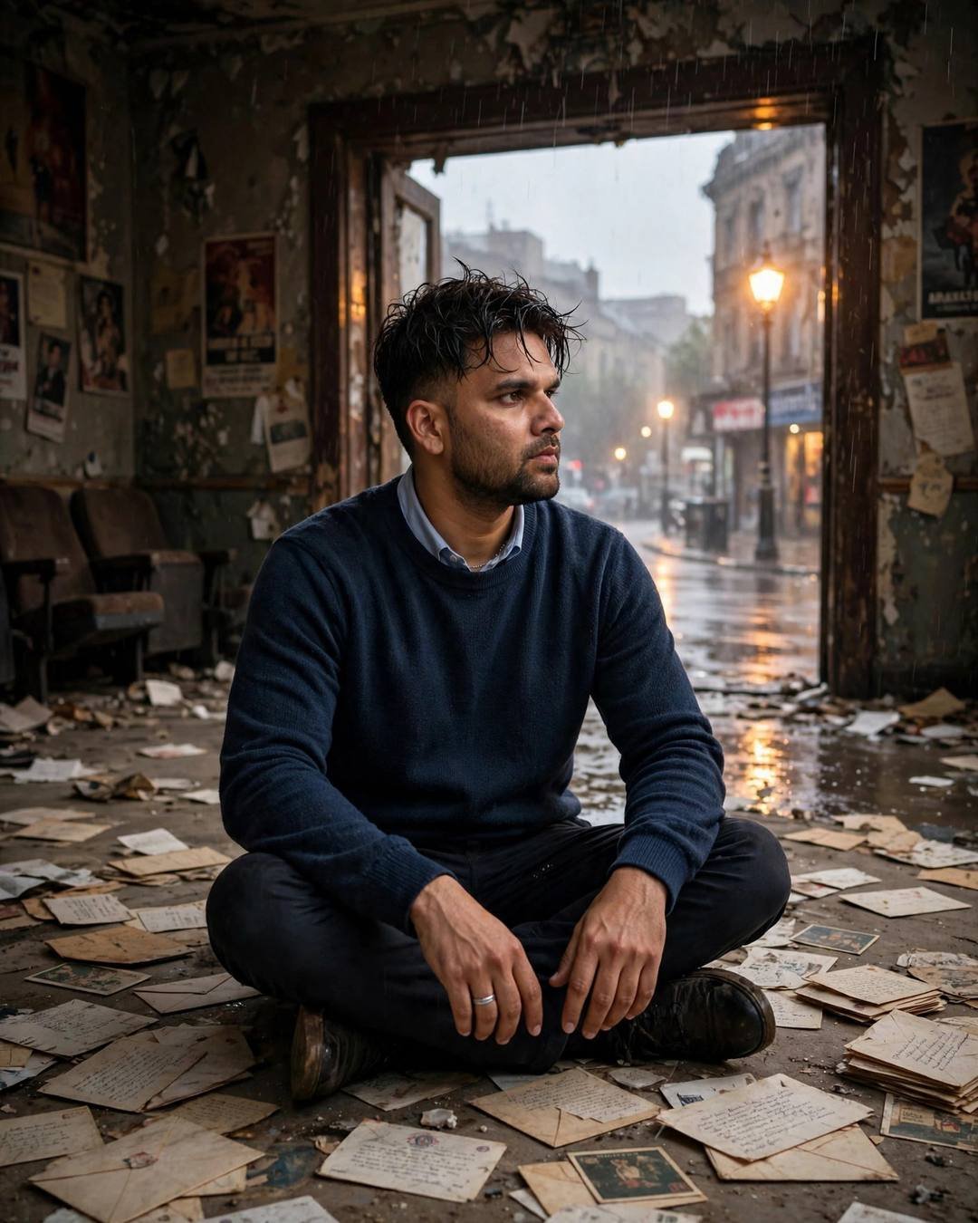 Young Indian man in navy sweater sitting cross-legged among old letters in a ruined hall, rain and lamplight beyond