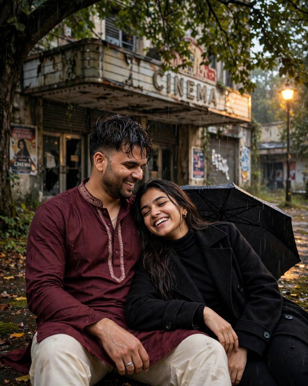 Young Indian couple laughing together in front of an abandoned cinema in drizzle, man in maroon kurta, woman in black coat, umbrella behind