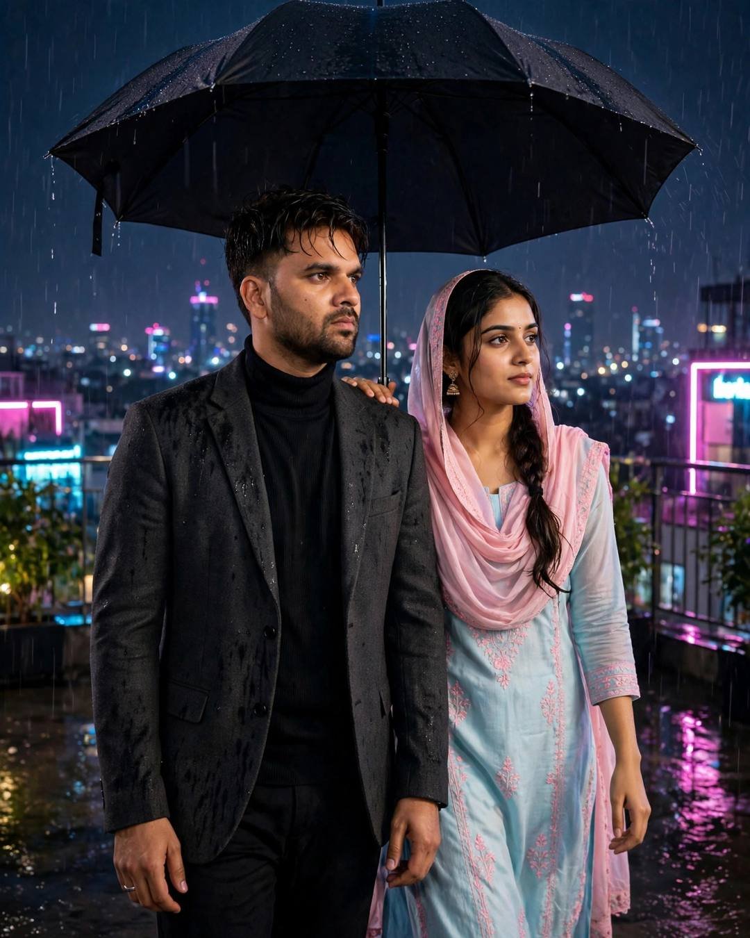 Young Indian couple standing under a black umbrella on a rooftop at midnight, man in charcoal blazer, woman in pastel salwar-kameez, neon city behind