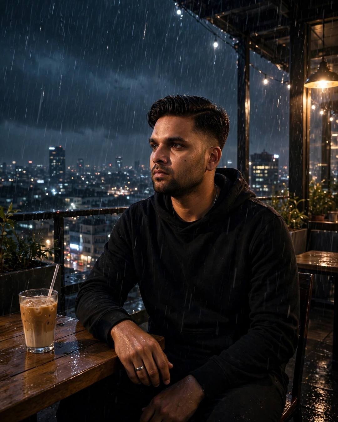 Young Indian man in black streetwear sitting at a rooftop cafe table in heavy monsoon rain with cold coffee, city lights behind