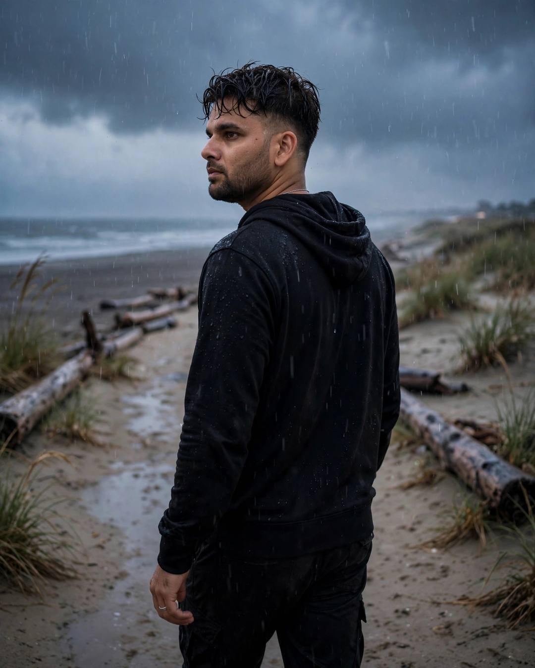 Young Indian man in black hoodie walking away down a deserted beach path in light rain, glancing back