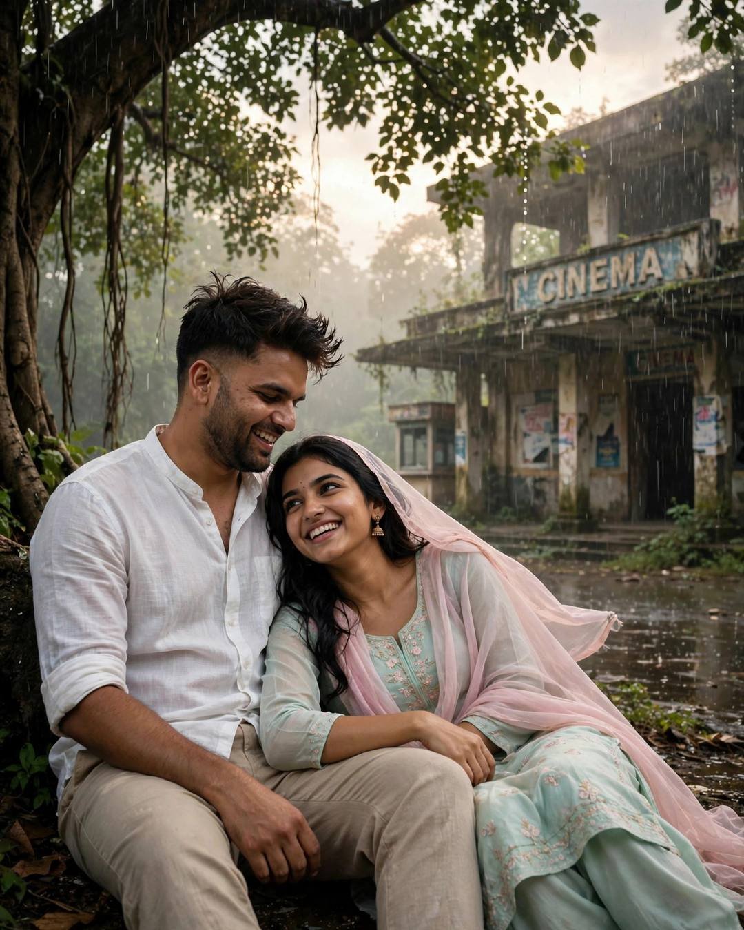 Couple laughing under a banyan tree in heavy rain, her head in his lap, white linen shirt and pastel salwar-kameez