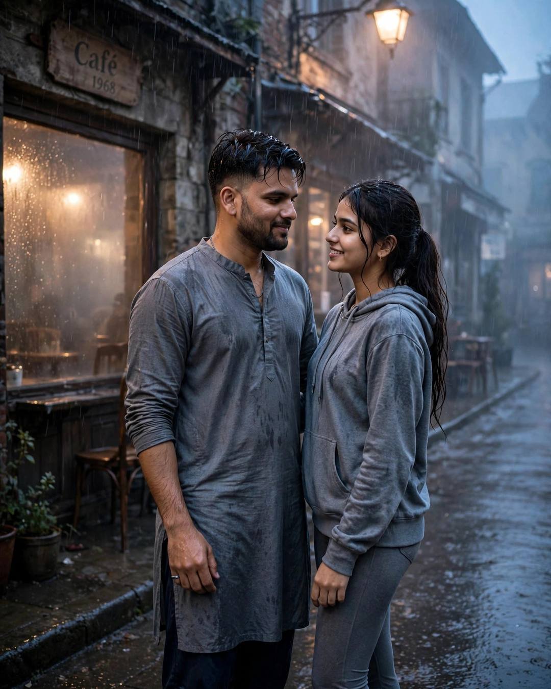 Couple gazing at each other outside an old café in blue-hour drizzle, man in grey kurta, woman in grey hoodie