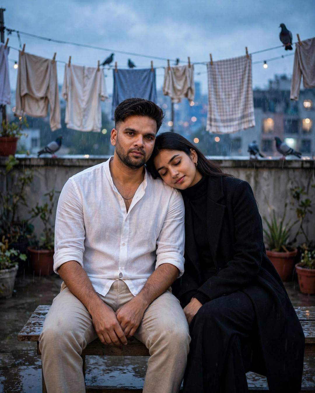 Young Indian couple sitting close on a terrace bench at blue hour in light rain, her head on his shoulder, clothes lines and pigeons around
