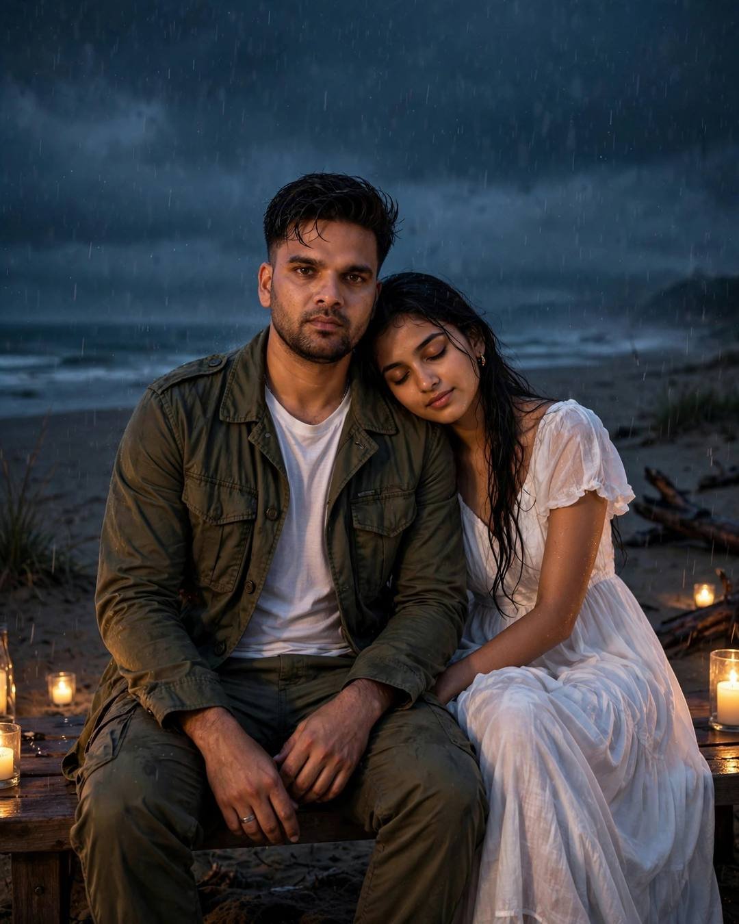 Young Indian couple sitting close on a beach bench at midnight in rain, her head on his shoulder, candles lit around them