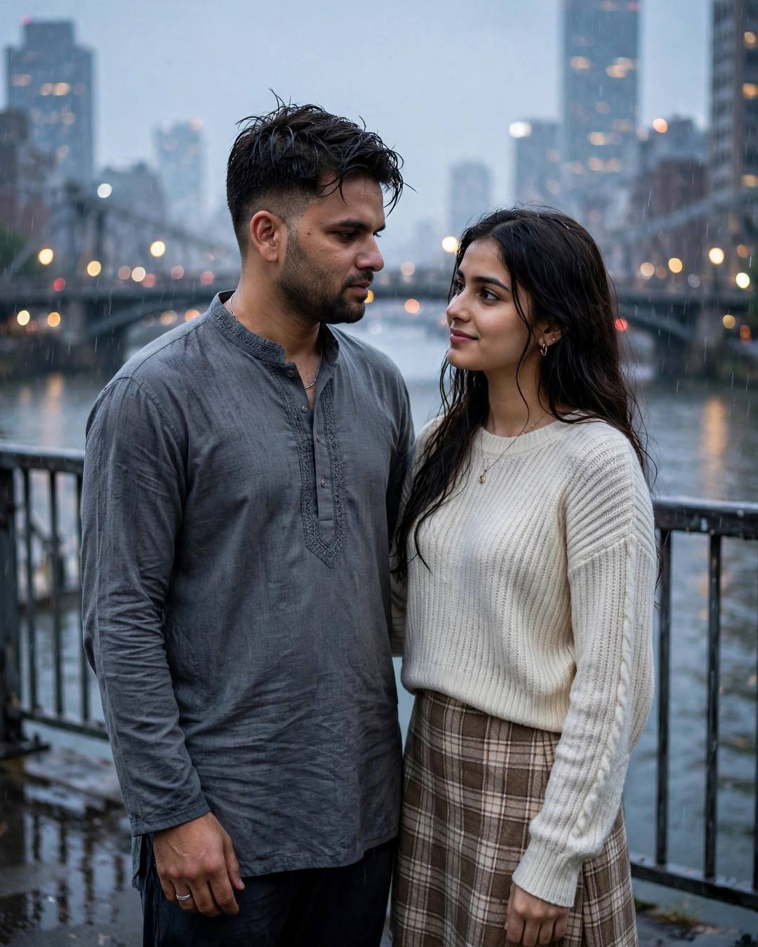 Young Indian couple standing close on a rain-wet bridge at blue hour, looking into each other's eyes, city skyline blurred behind