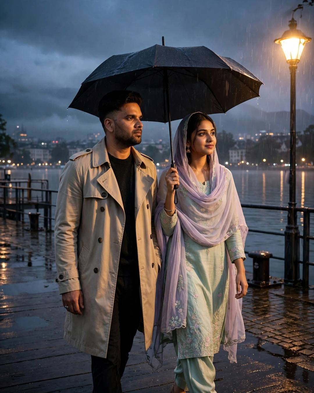 Young Indian couple walking side by side under one umbrella on a rain-wet lake pier at dawn, she in a pastel salwar-kameez