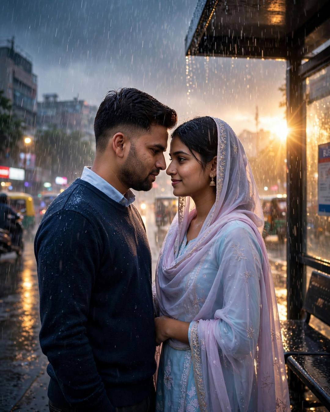 Young Indian couple face to face with foreheads almost touching at a bus stop in heavy monsoon rain, golden light flaring behind