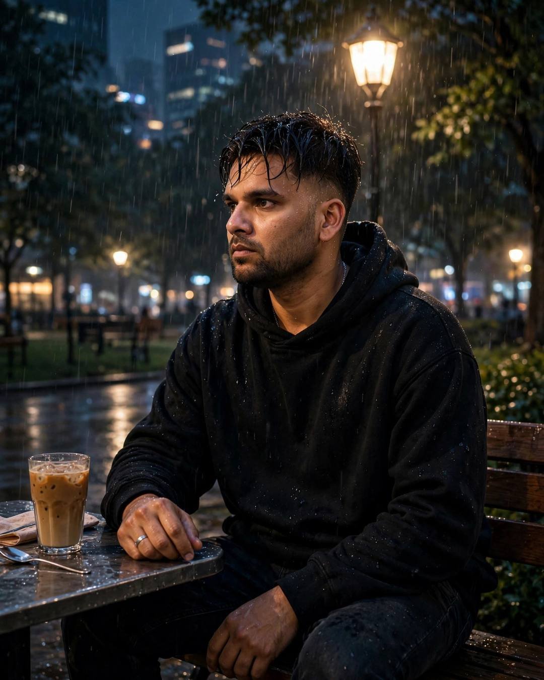 Man in black hoodie at a rainy park bench with cold coffee, smirk not reaching his eyes, lone lamp glowing