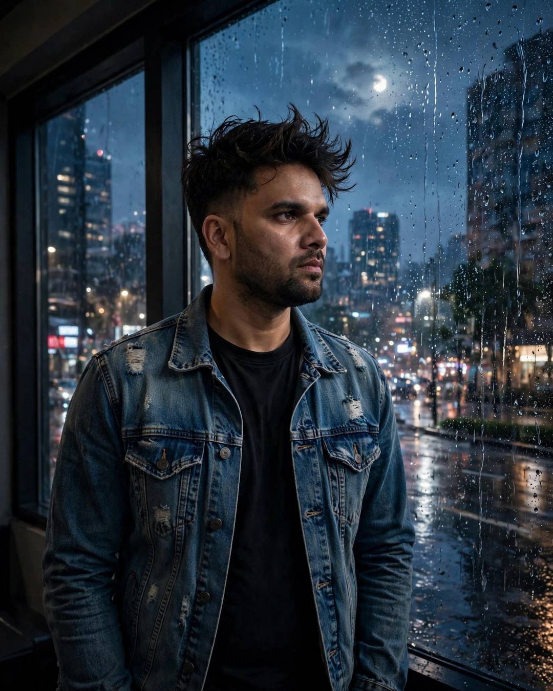 Man in distressed denim jacket at a rain-streaked window at night, moon in clouds, rain-soaked city below