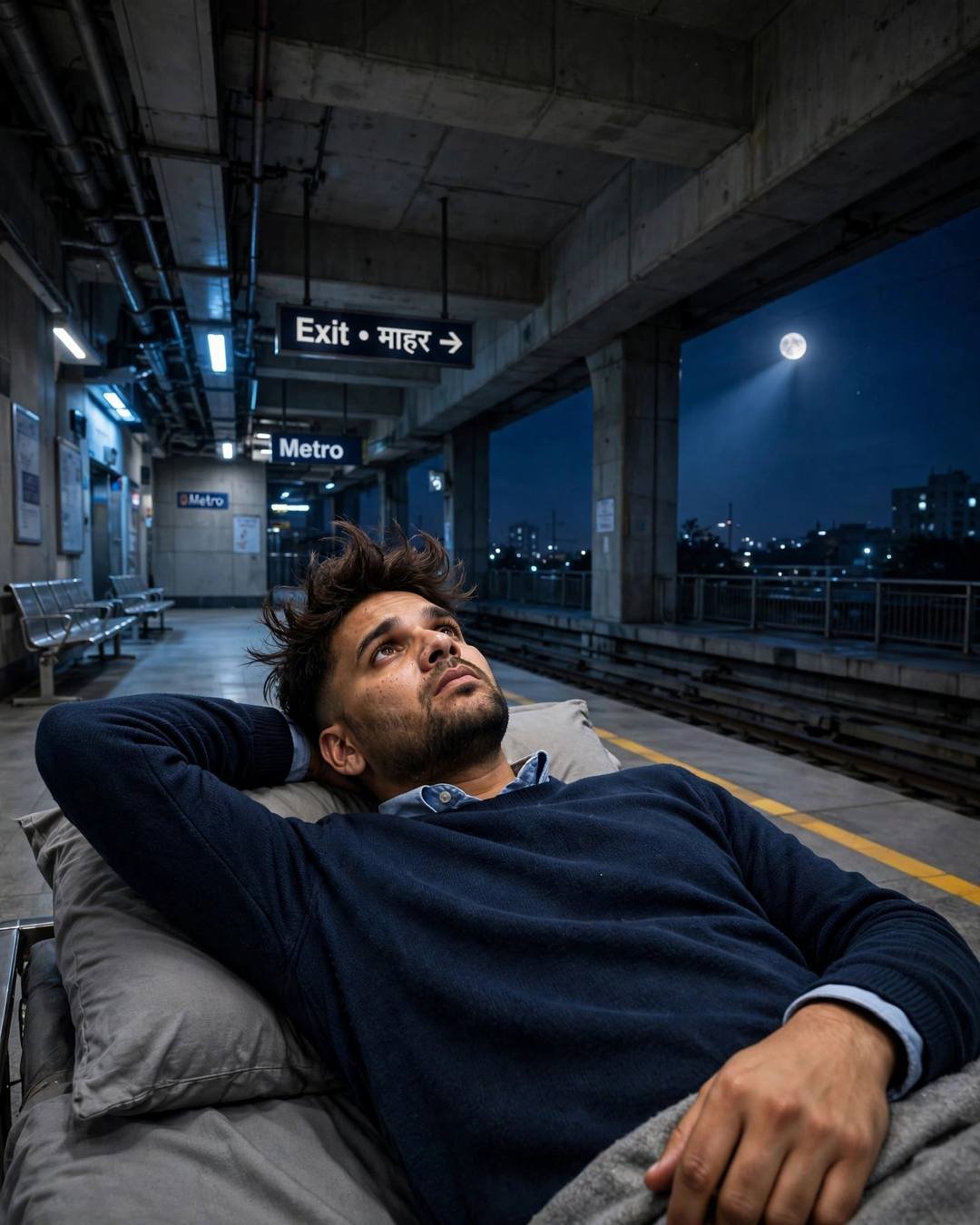 Man in navy sweater lying on a metro station bench at midnight, staring at the ceiling, moonlight through the station