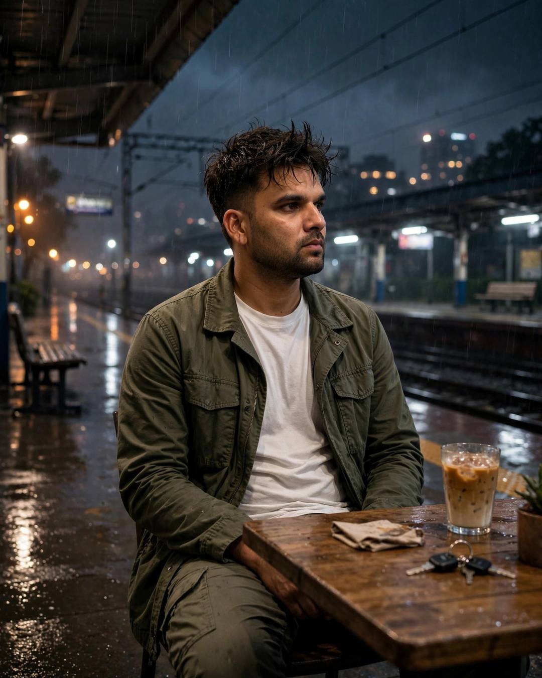 Man in olive field jacket at a rainy railway platform cafe table with cold coffee, lost in thought