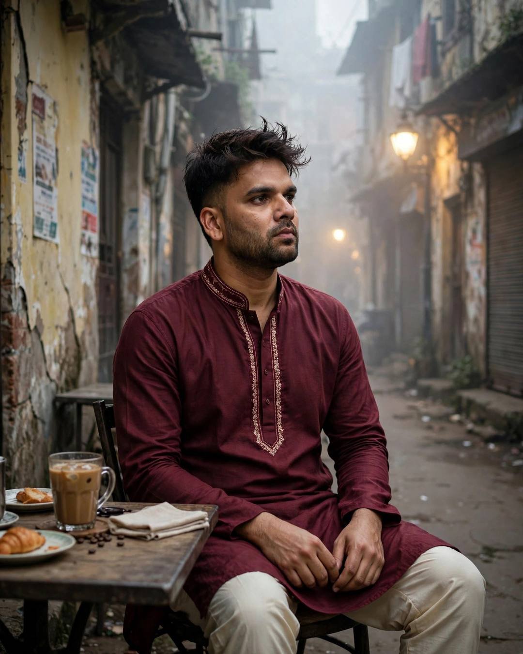 Young Indian man in a maroon kurta sitting at a cafe table in a foggy old-city lane at dawn, holding her old scarf