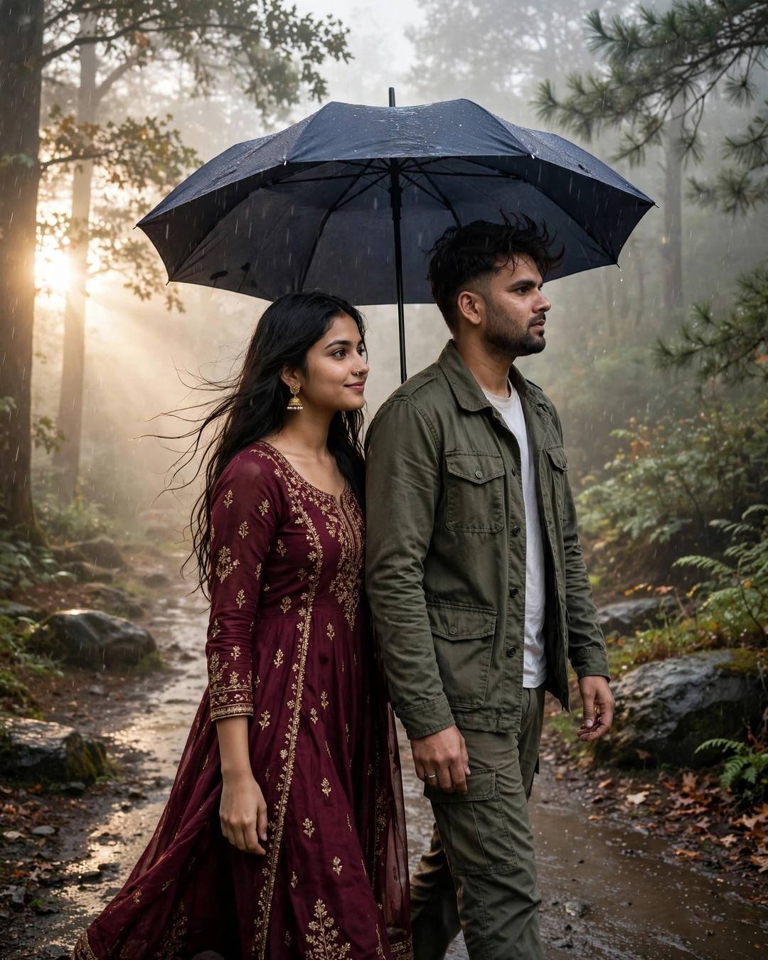 Young Indian man in olive field jacket and woman in maroon anarkali walking under one umbrella on a misty forest path at dawn