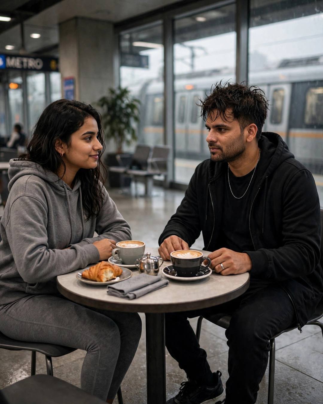Young Indian man in black streetwear and woman in grey hoodie sharing coffee at a small table inside a metro station