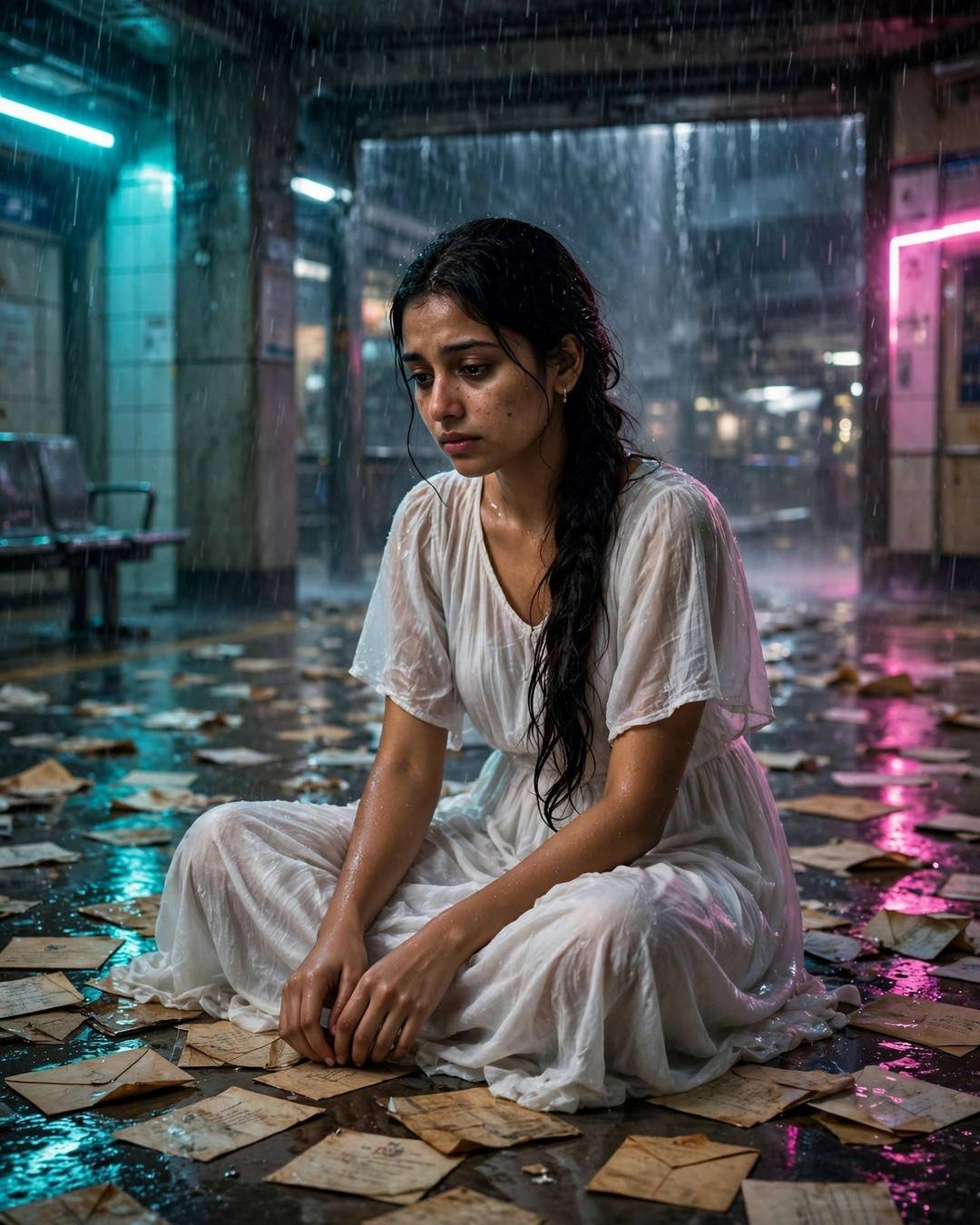 Young Indian woman in a wet white dress sitting cross-legged among old letters on a rain-soaked metro platform, neon pink and cyan light