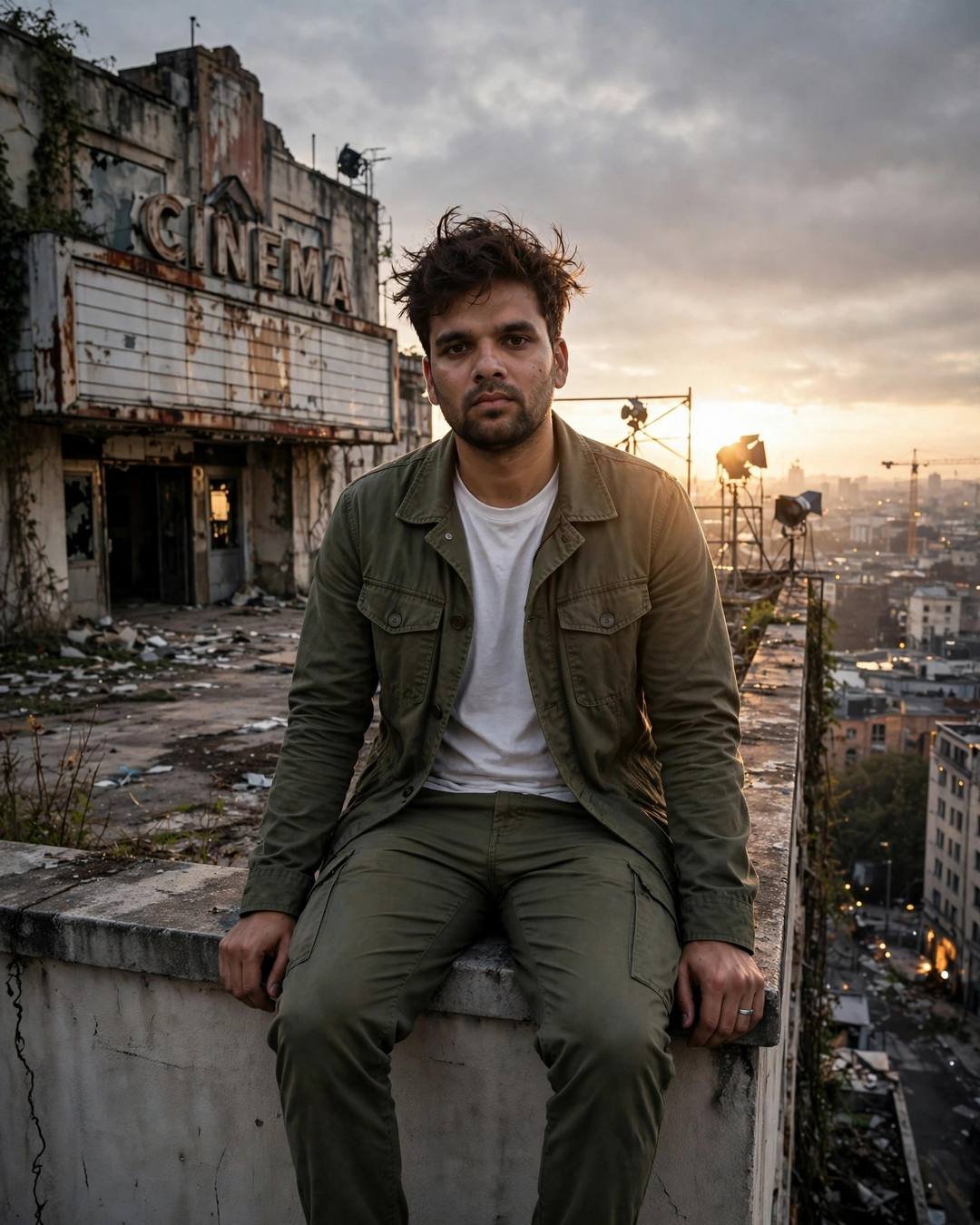 Young Indian man in olive field jacket sitting on a rooftop ledge at sunset, abandoned cinema behind him