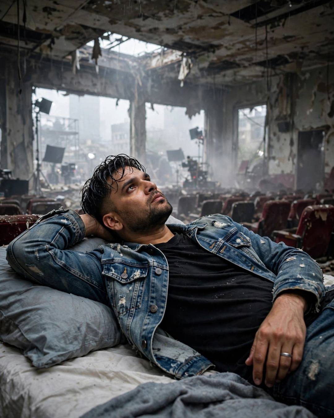 Young Indian man in distressed denim jacket lying on a bed in an abandoned cinema hall, staring at the ceiling