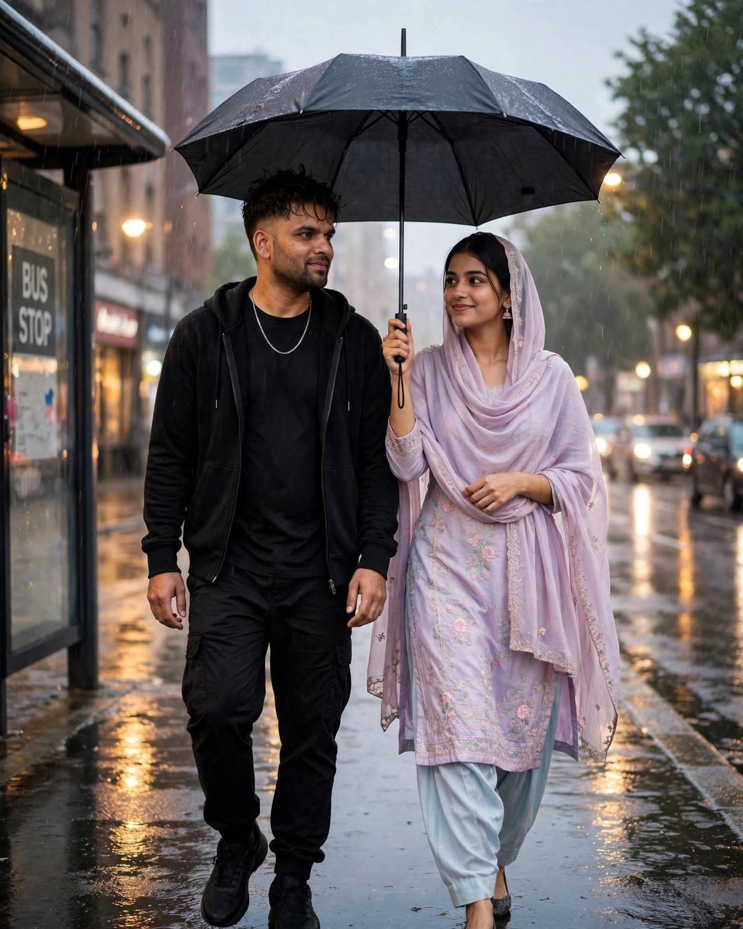 Young Indian couple walking under one black umbrella at a rainy city bus stop, woman in pastel salwar-kameez, man in black streetwear