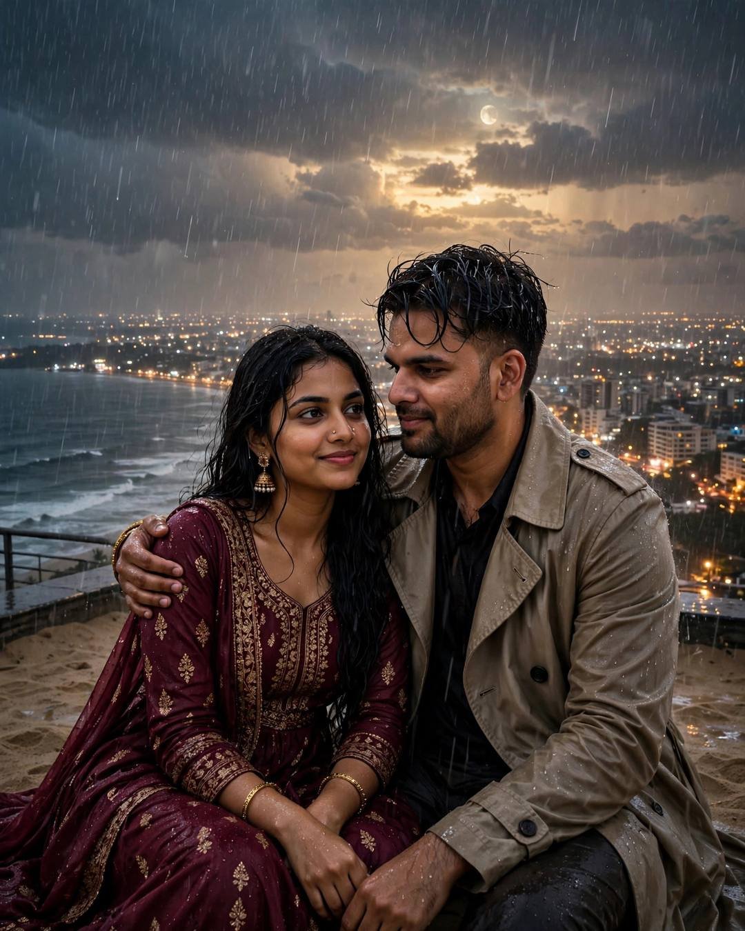 Young Indian couple sitting close above the sea and city in monsoon rain, woman in maroon anarkali, man in beige trench coat, storm clouds and moon