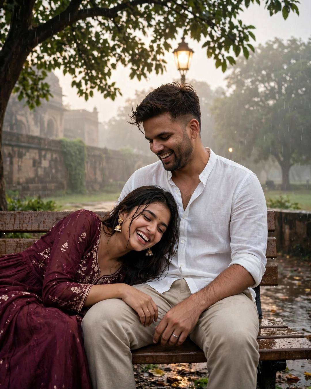 AI couple photo: woman in maroon anarkali with head in his lap, both laughing on a rainy park bench