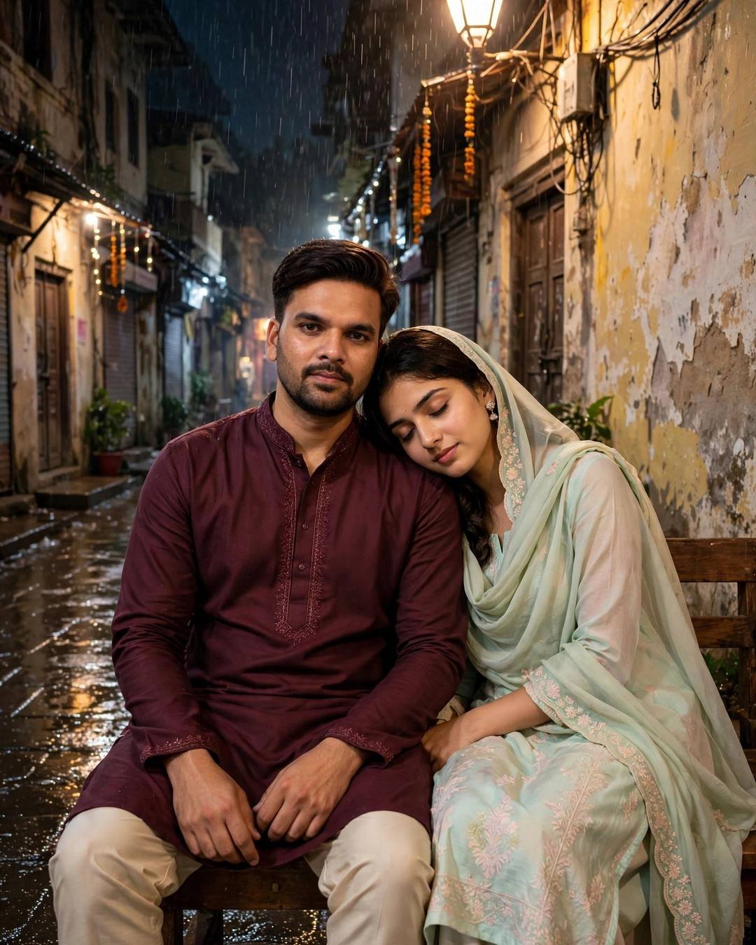 AI couple photo: man in maroon kurta and woman in pastel salwar-kameez on a bench in an old-city lane at midnight