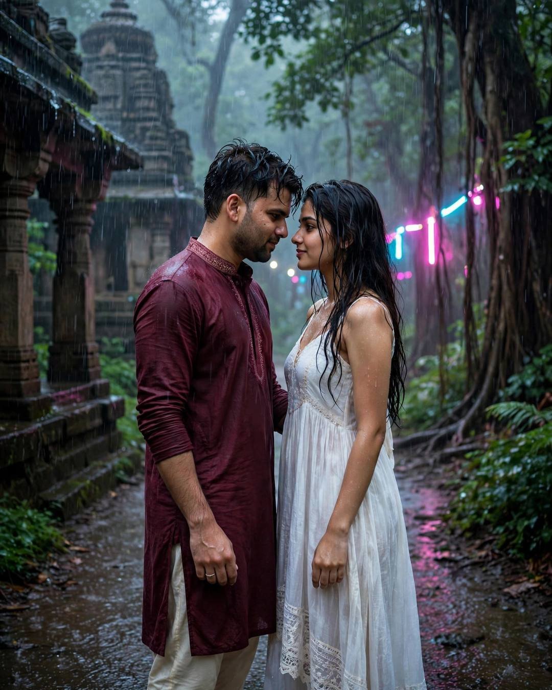 AI couple photo: man in maroon kurta and woman in white dress standing face to face on a rainy forest temple path at blue hour