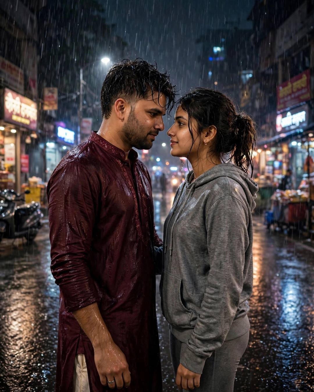 Couple with foreheads almost touching in heavy monsoon rain on a city street at night