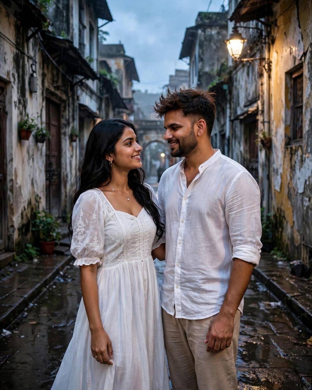 Couple dancing slowly in a rain-washed old-city lane at blue hour, smiling