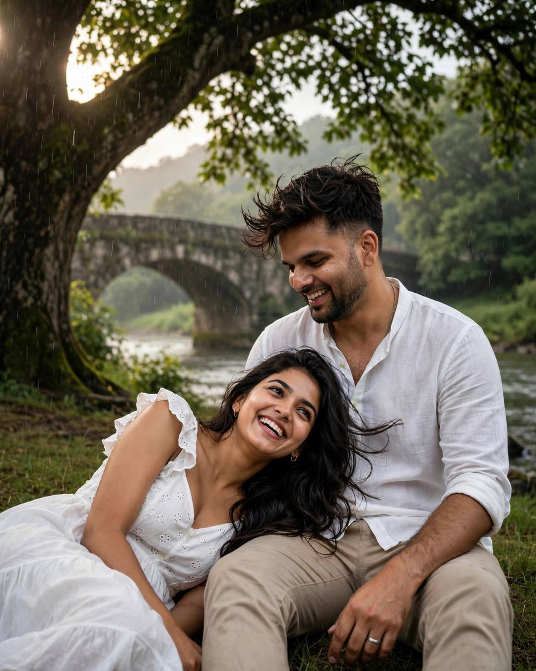 Couple laughing softly under a tree by a river, woman's head in the man's lap