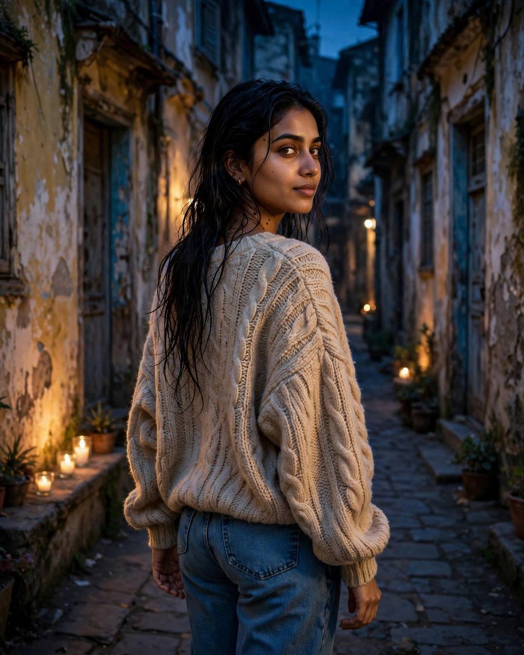 Young woman in beige sweater and jeans looking over her shoulder in a candlelit old-city lane at blue hour