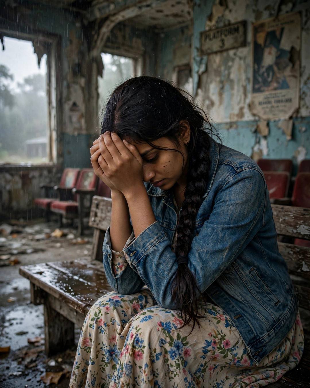 Young woman in denim jacket with head in hands on a bench in a rain-washed abandoned hall at dawn