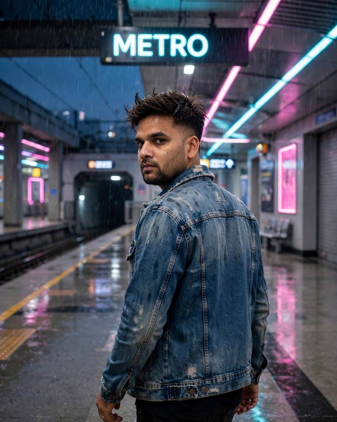 Young Indian man in a distressed denim jacket walking away on a rain-soaked metro platform at midnight, neon pink and cyan lights
