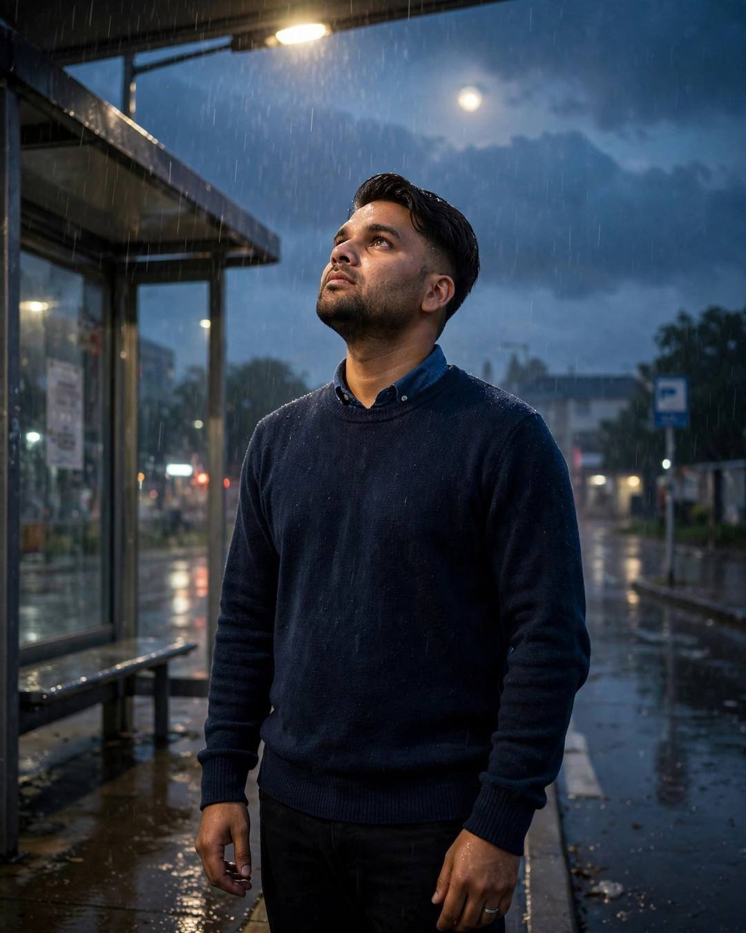 Young Indian man in a navy sweater standing at a rainy bus stop at night, face lifted toward a moonlit sky