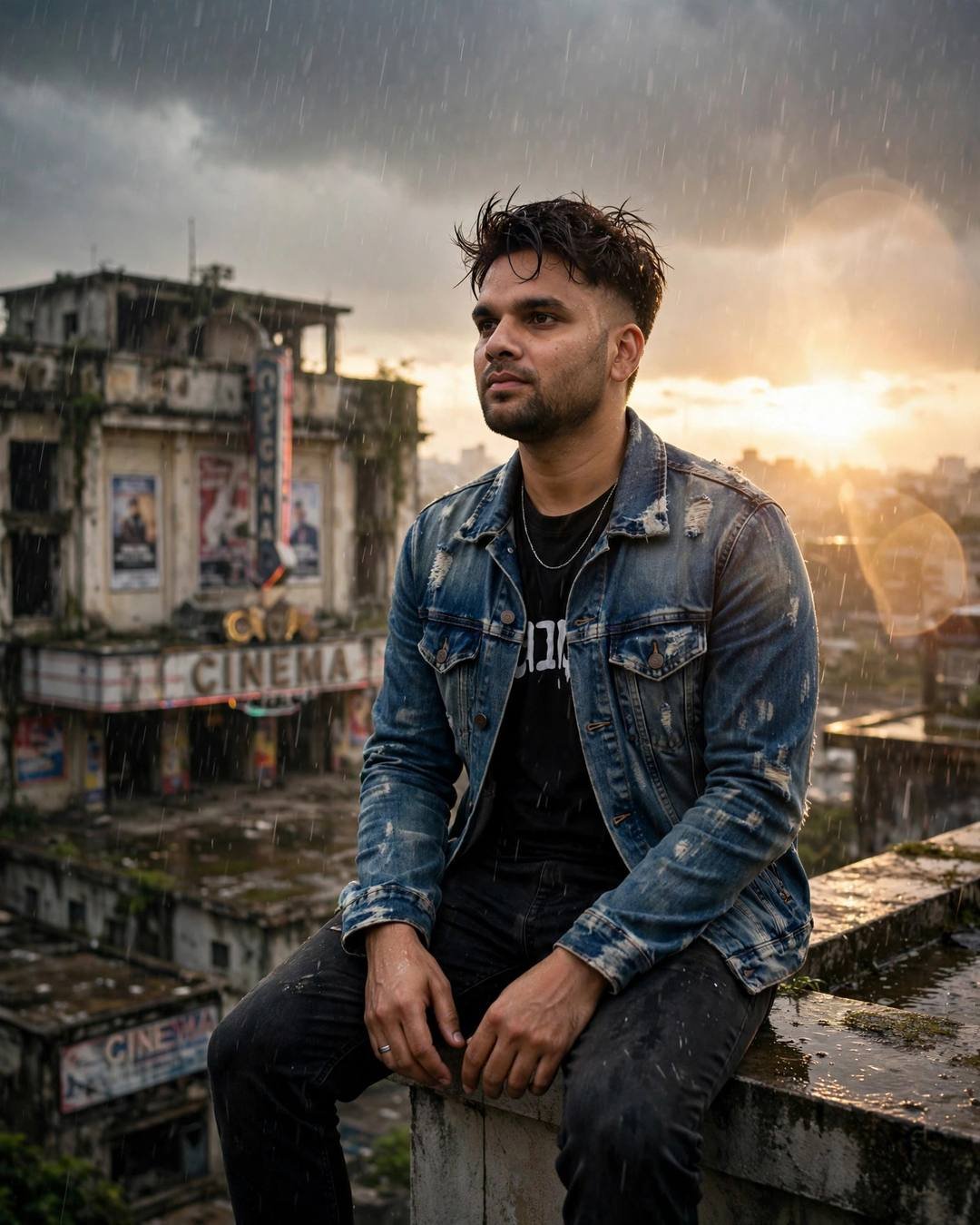 Young Indian man in a distressed denim jacket sitting on a rooftop ledge with legs dangling, monsoon rain and golden light behind an old cinema hall