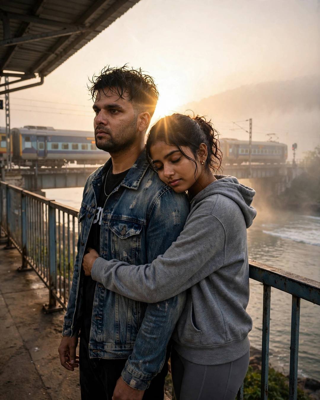 Couple hugging on a railway platform at dawn, train waiting on the bridge behind