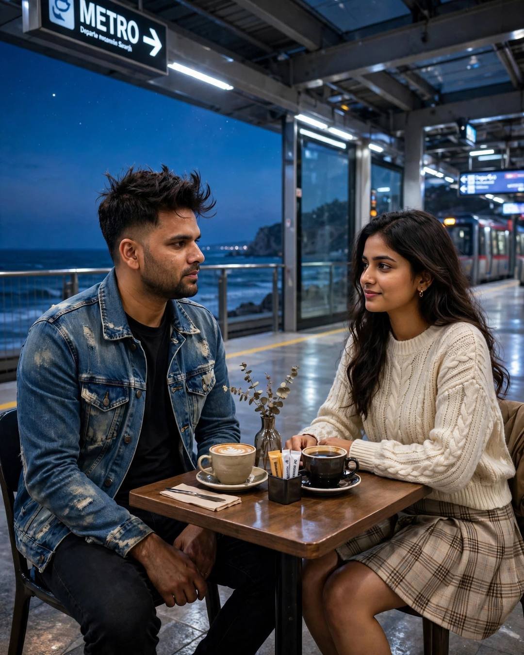 Couple sharing coffee at a small table in a night metro station by the sea