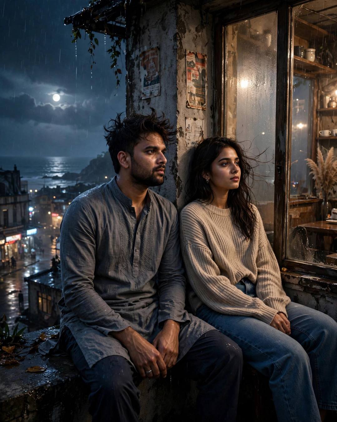 Couple sitting back to back on a moonlit rooftop above the sea, sharing silence