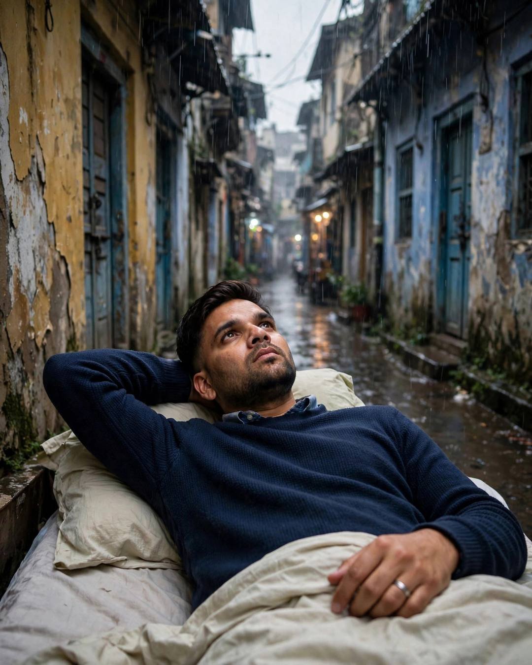 Young man in navy sweater lying on a bed in a rain-soaked old-city lane, gazing at the sky
