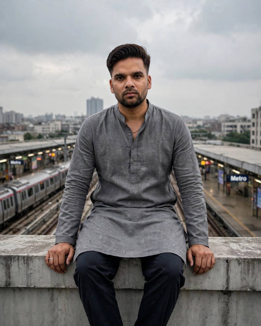 Young man in grey kurta sitting on a ledge above metro tracks under an overcast sky