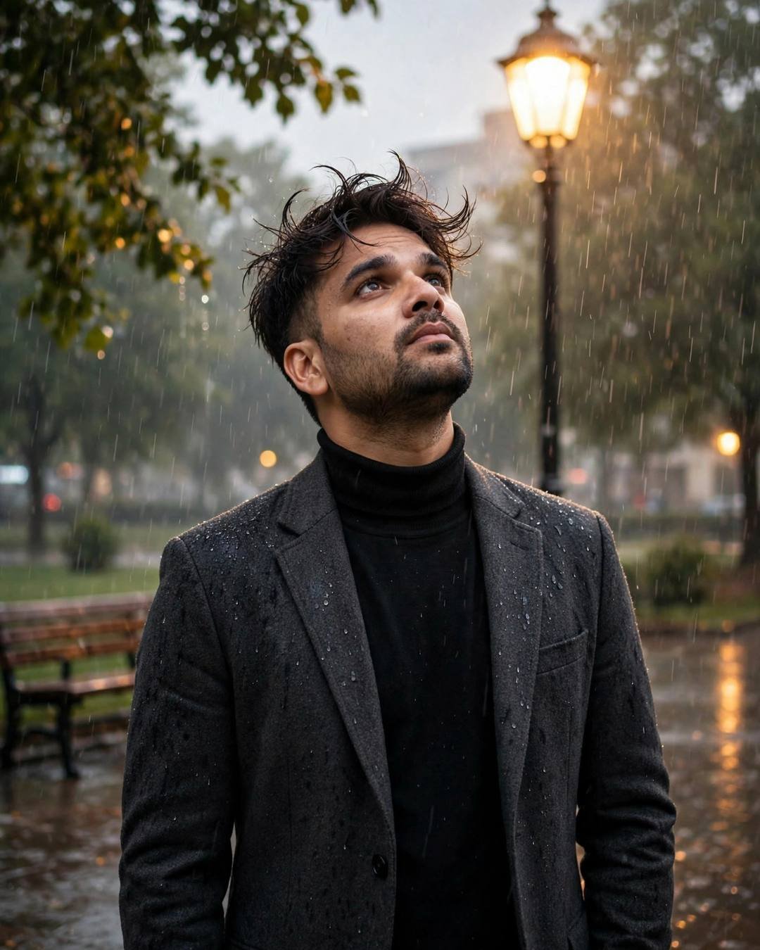 Young man in charcoal blazer and black turtleneck lifting his face to the rain under a streetlamp