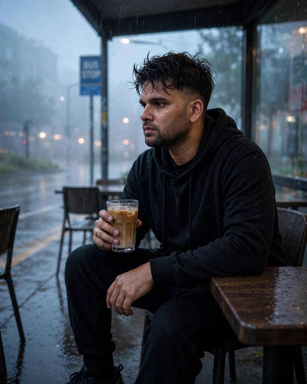 Young man in black streetwear holding a cold coffee under a bus shelter in the rain