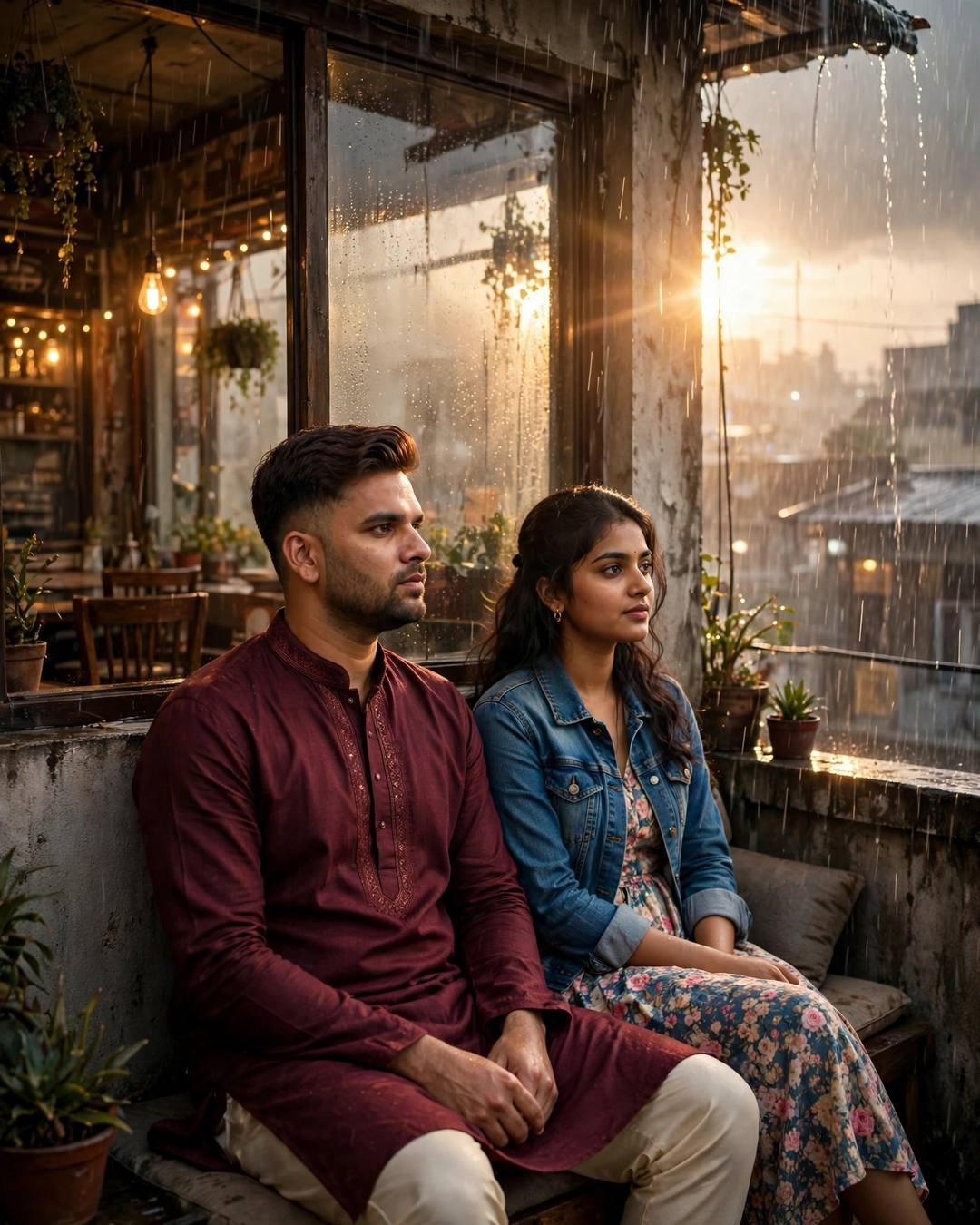 Young couple sitting side by side in silence by a fogged cafe window in heavy monsoon rain, man in maroon kurta, woman in denim jacket, golden-hour backlight