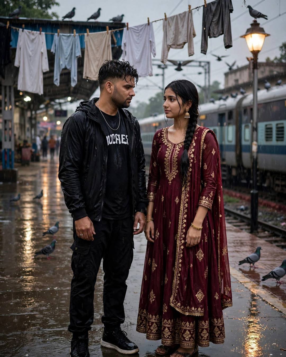 Young couple sharing one last hug on a rainy railway platform, man in black streetwear, woman in maroon anarkali with jhumkas, train waiting, sodium lamp glowing