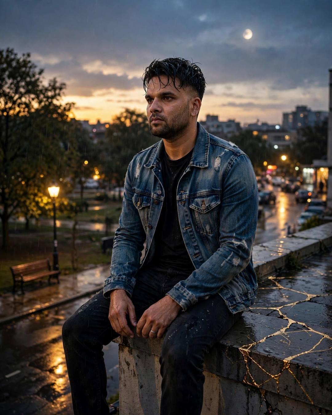 Cinematic AI photo: Standing tall in the rain he once (Broken but Strong)