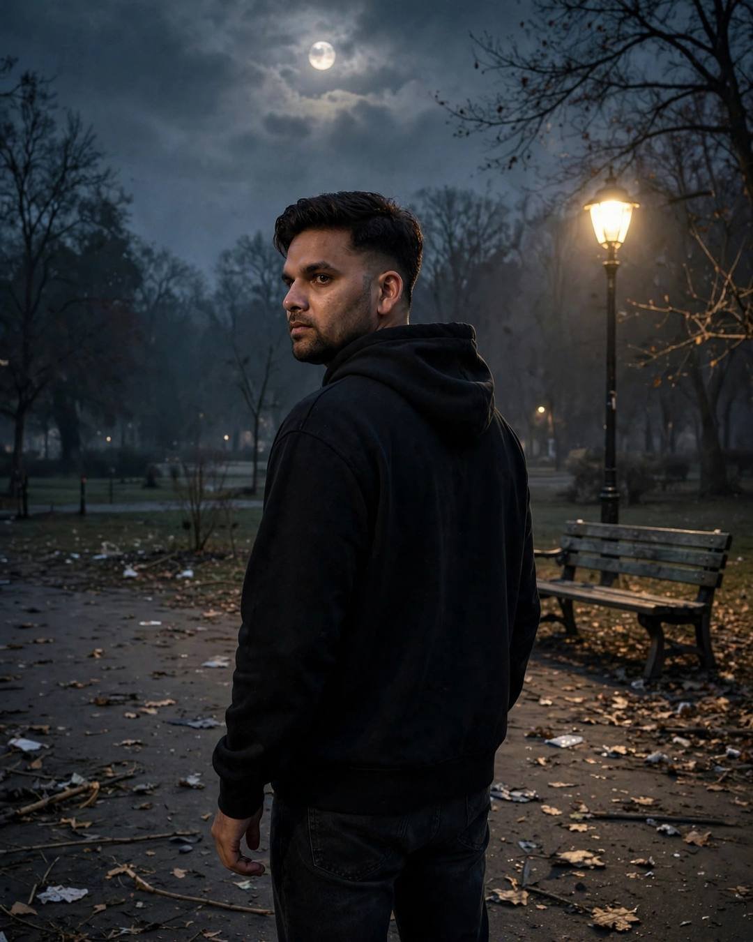 Young man in black hoodie looking back over his shoulder in an empty moonlit park by a lamp