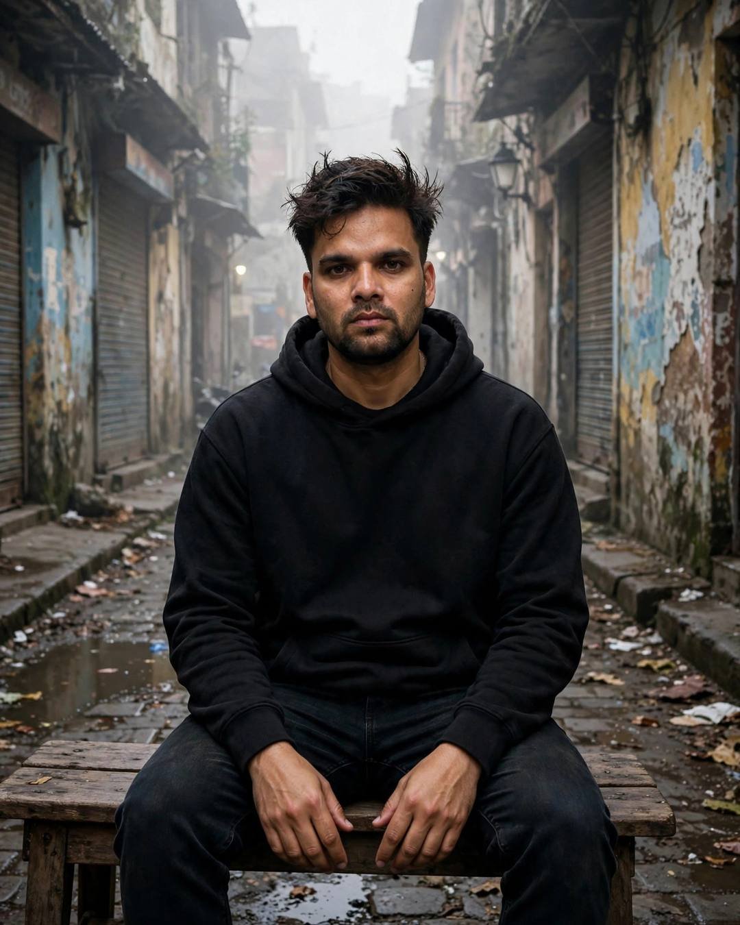 Young man in black hoodie sitting on a wooden bench in a foggy old-city lane at dawn