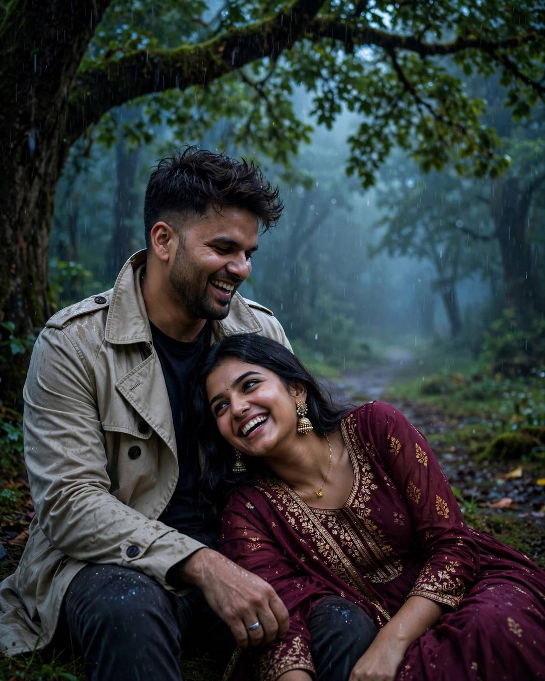 Couple laughing under a rain tree in a misty forest, her head in his lap