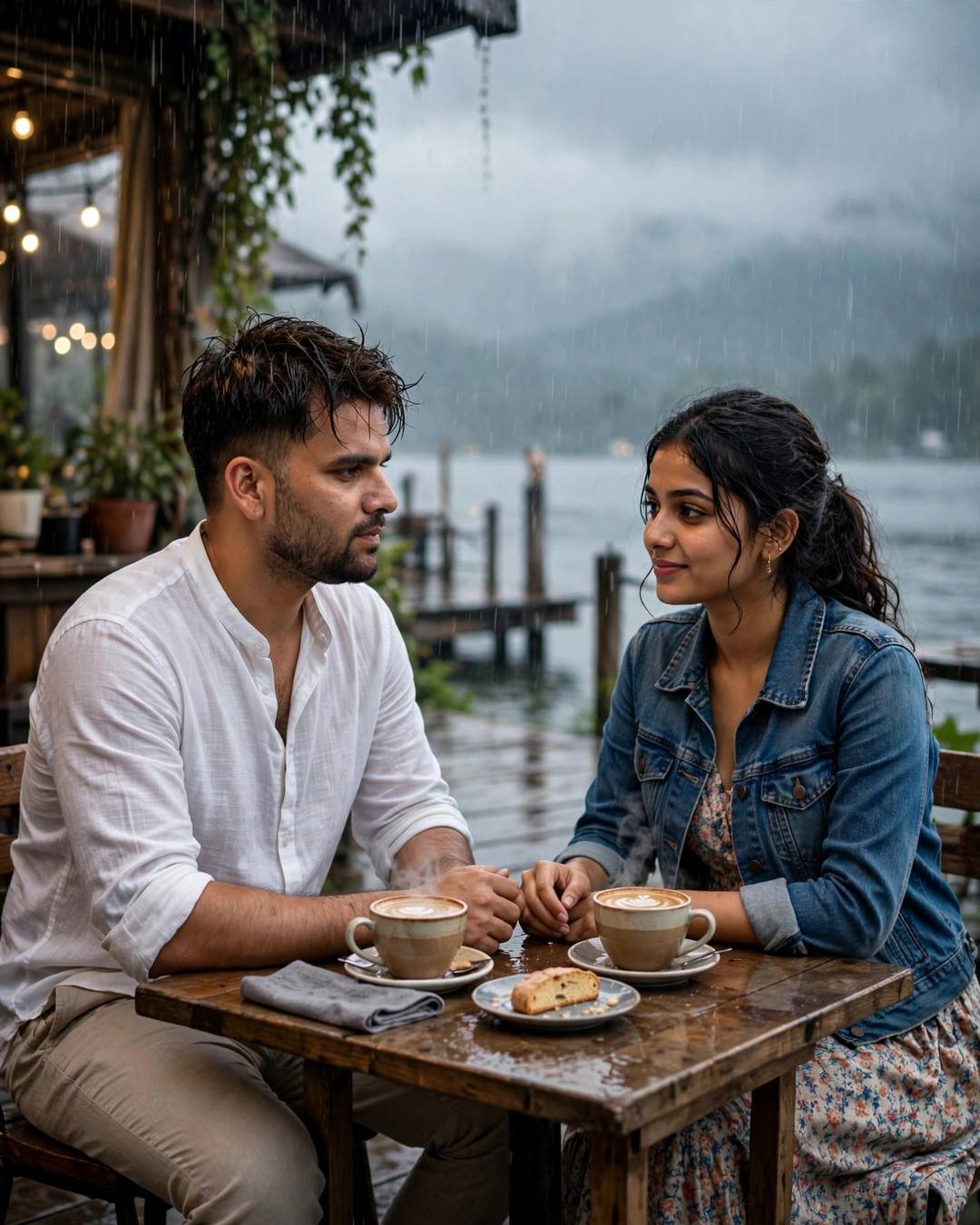 Couple sharing lattes at a lakeside café deck in heavy monsoon rain, hands joined