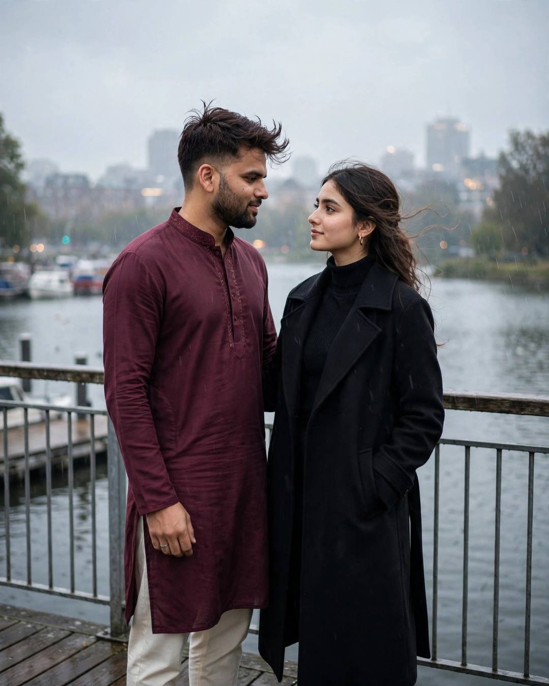 Couple looking at each other on a bridge over a river in the drizzle